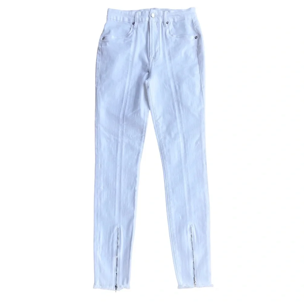 Good American High Rise White Split Hem Zipper Skinny Jeans